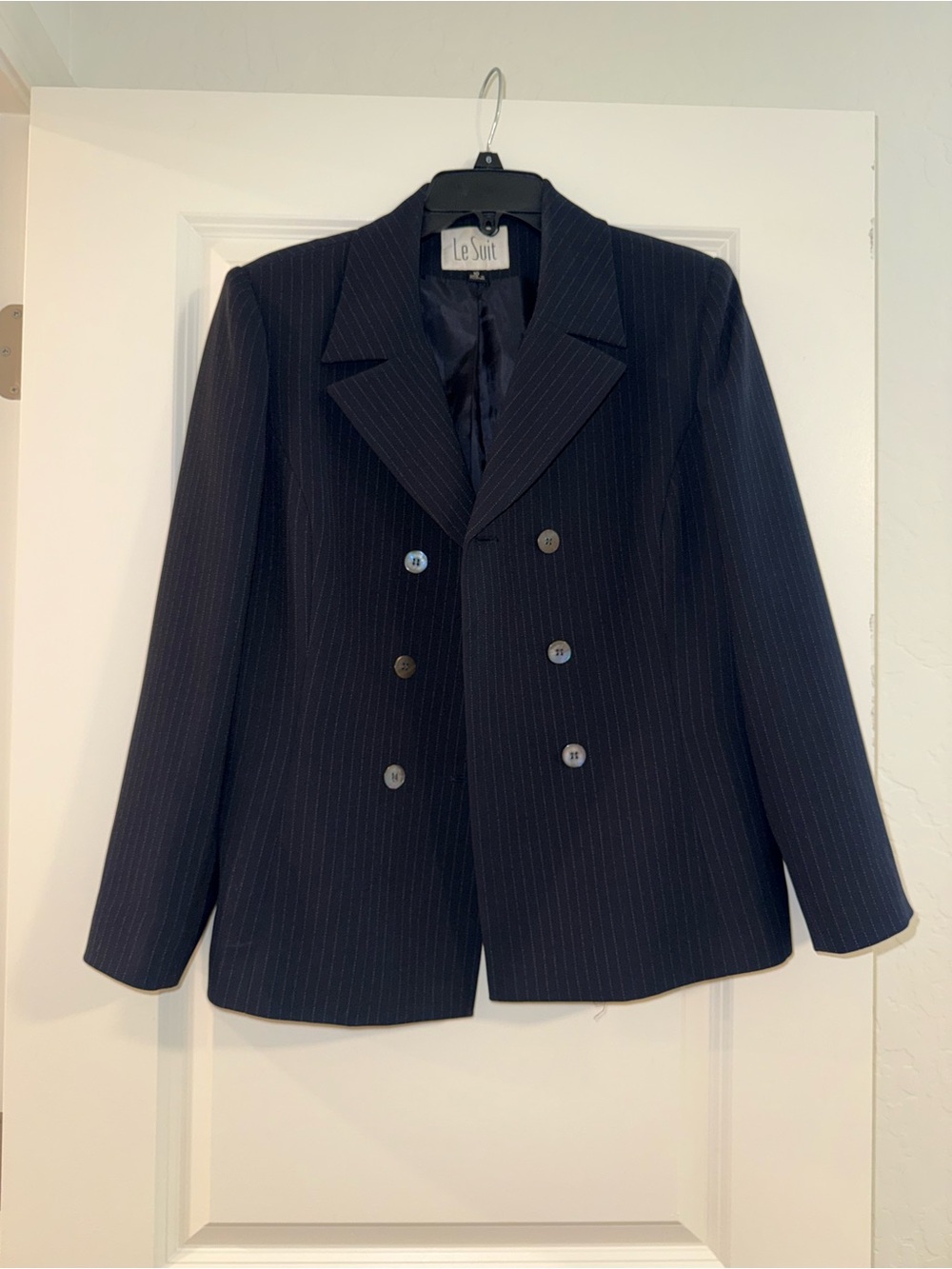 Le Suit Navy Pinstripe Double-Breasted Blazer